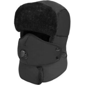 Unisex Black Winter Trapper Hat Russian with Ear Flap  Mask Aviator Cold Weather
